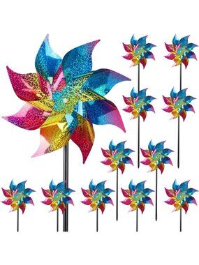 12 Pack Sparkly Rainbow Reflective Pinwheels for Garden Decor & Bird Deterrent